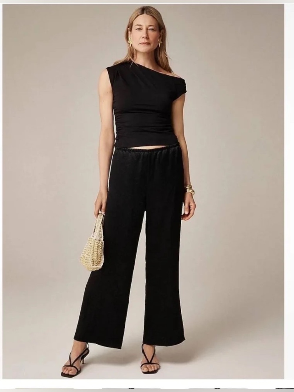 J. Crew Cosmo Black Textured Satin Cropped Wide-Leg Pants Sz-Large Petite